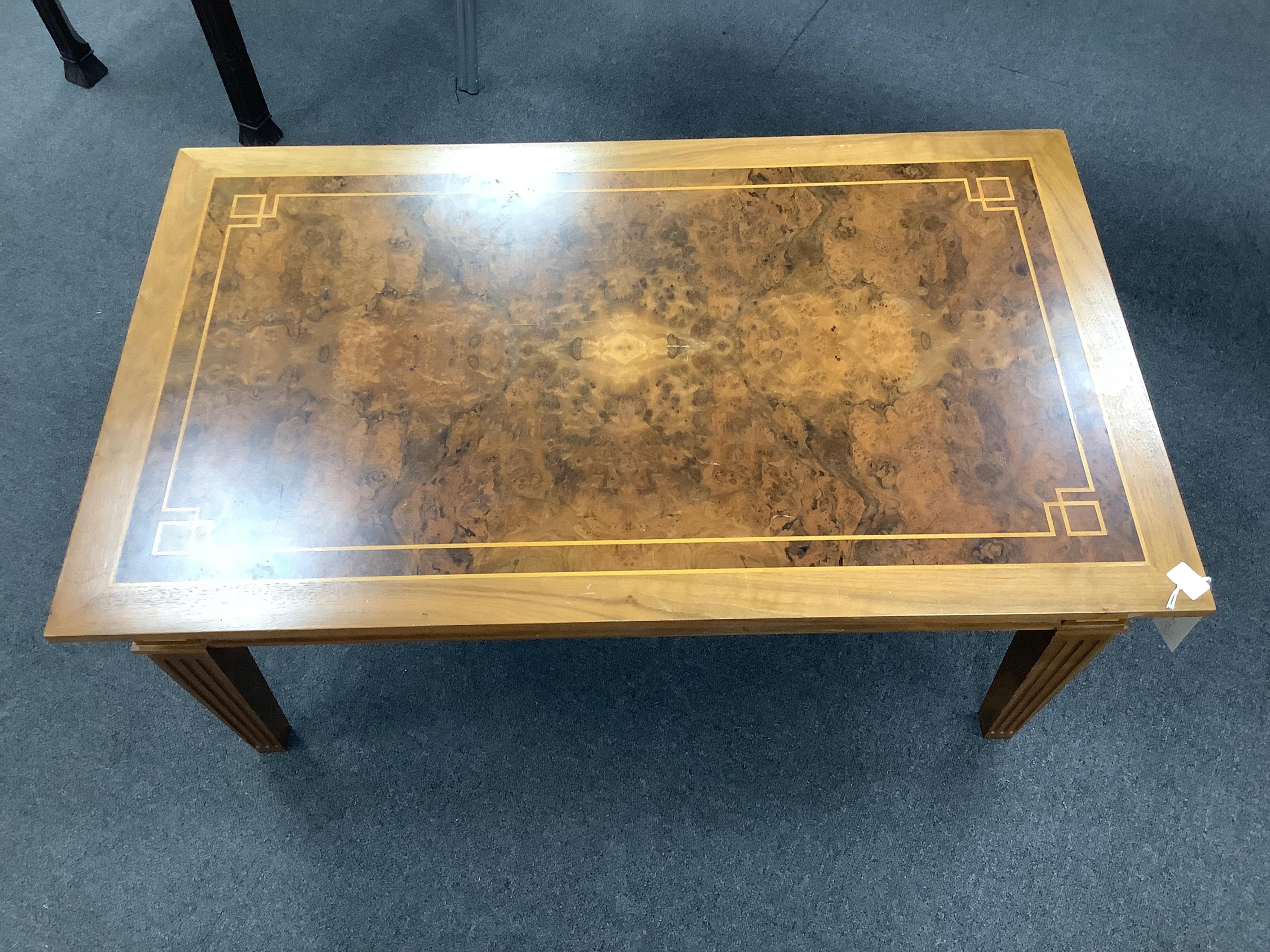 A David Linley inlaid burr walnut rectangular coffee table, width 100cm, depth 60cm, height 45cm. Condition - fair